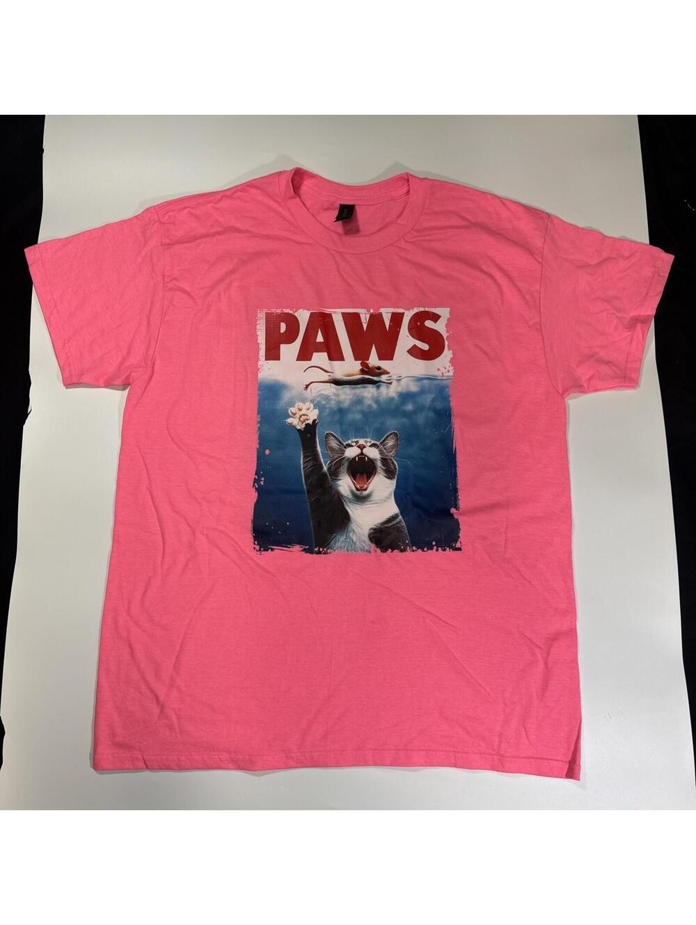 Paws Godzilla Cat Movie Pink T-shirt Size Large Funny Humor Unisex Tee Kitten